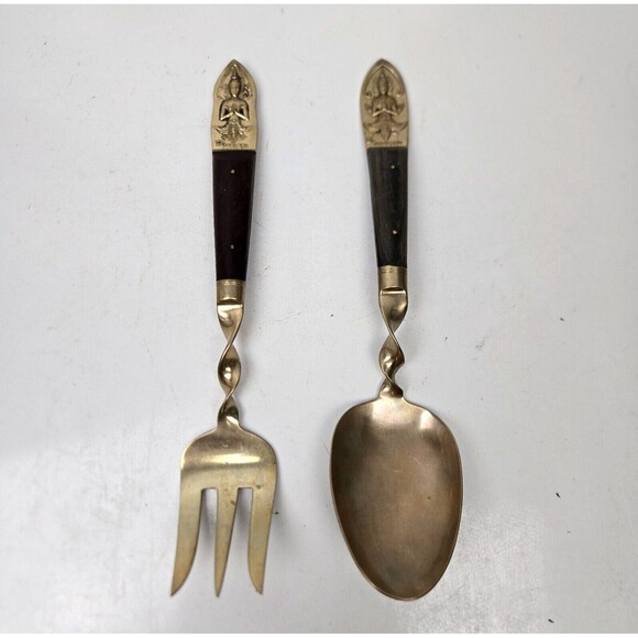 Vintage Large Serving Fork & Spoon Buddha Bronze Brass Rosewood Siam Thailand 10 - Picture 2 of 11